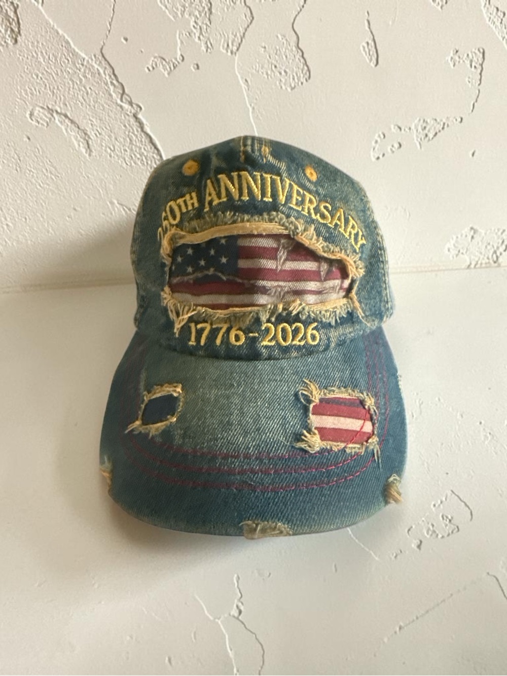 250th Anniversary Distressed Denim Baseball Cap with American Flag Patches